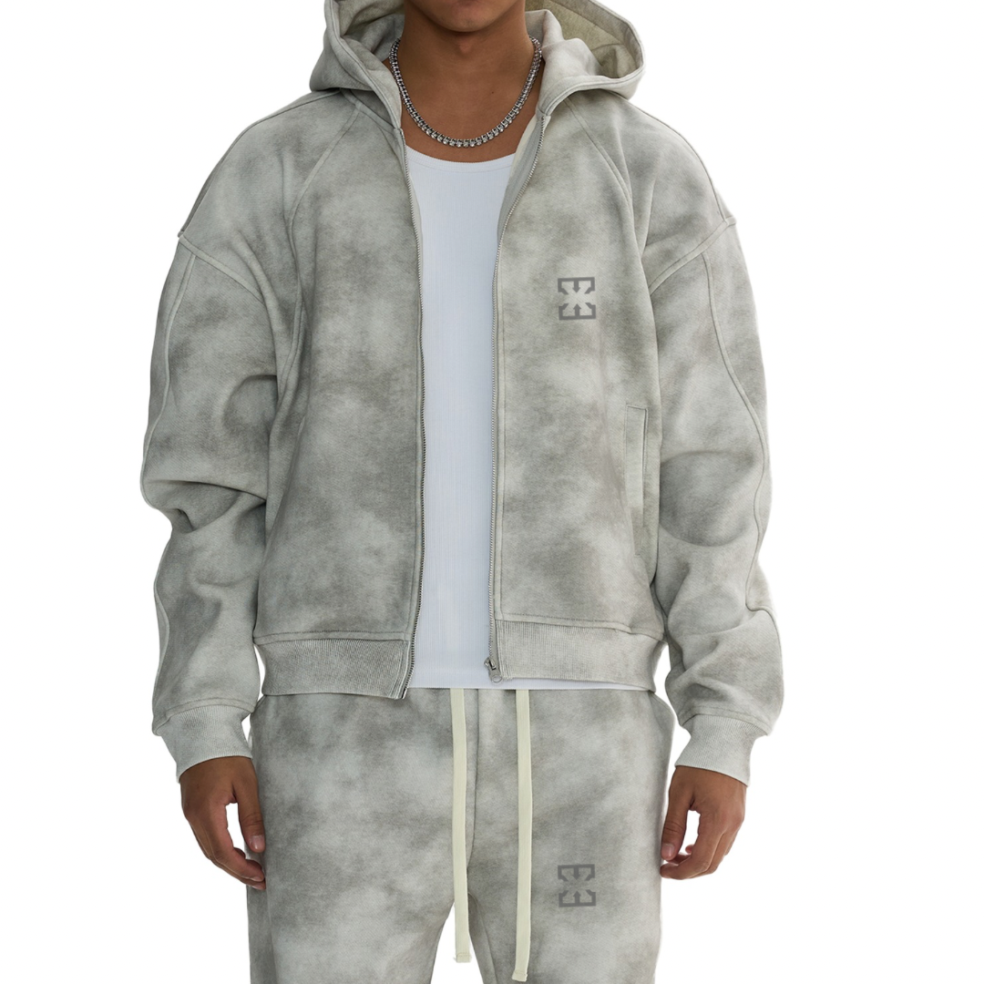 Dirty Washed Boxy Zip-up Fleece Hoodie